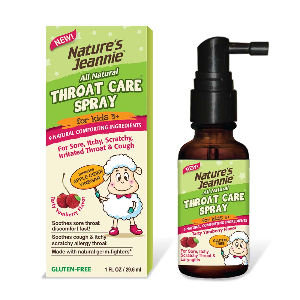 Nature&#39;s Jeannie Throat Care Spray for Kid&#39;s 3+ product package box and spray bottle.