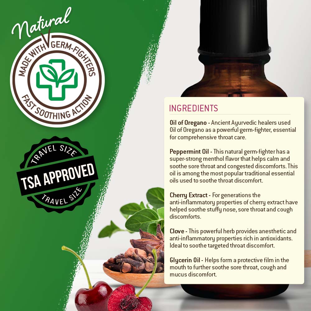 Nature&#39;s Jeannie Sore Throat Relief Spray ingredients listed and how each one helps support sore throat effectively. Image of TSA Approved Travel Size Seal. Image of Natural Germ-Fighters and Fast Soothing Action seal.