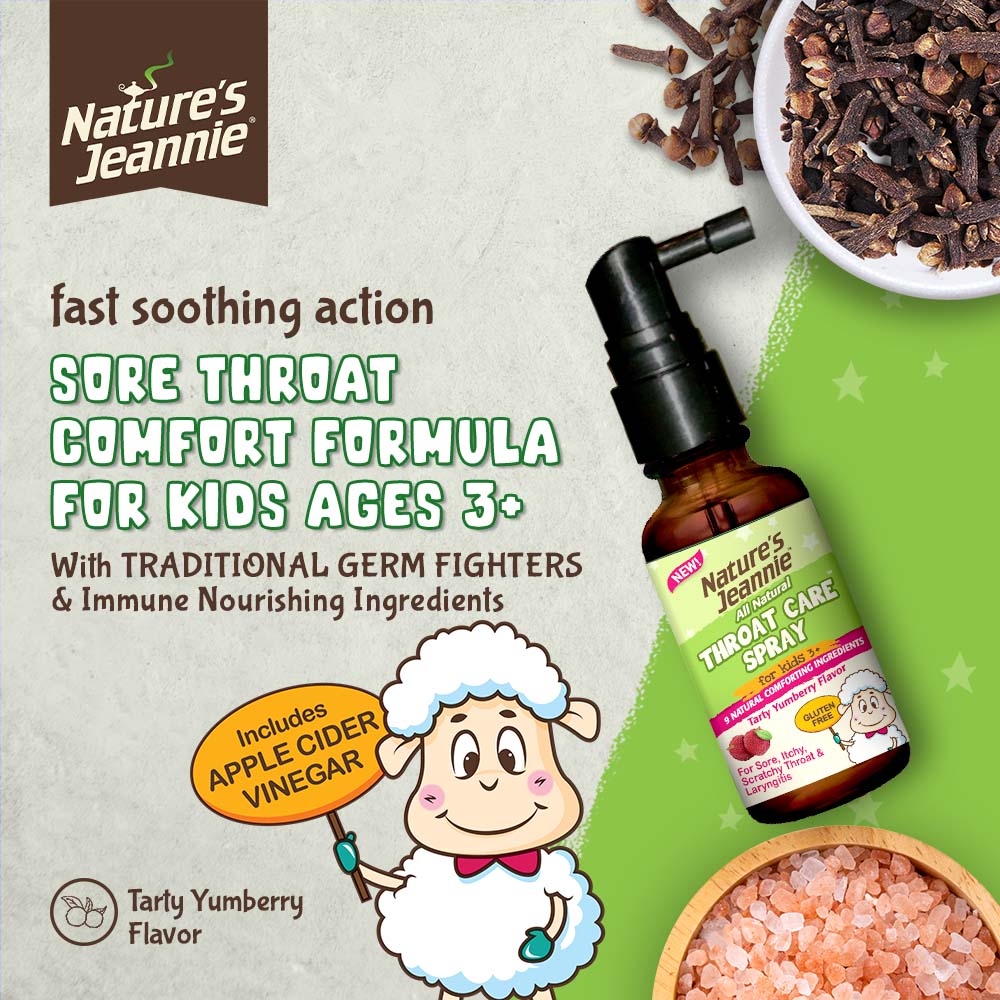 Playful cartoon sheep is featured holding up a &quot;Includes Apple Cider Vinegar&quot; sign, image of Nature&#39;s Jeannie Throat Care Spray for Kids, image of raw ingredients Cloves and Himalayan Salt, and key product claims: fast soothing action + traditional germ-fighters + immune nourishing ingredients.