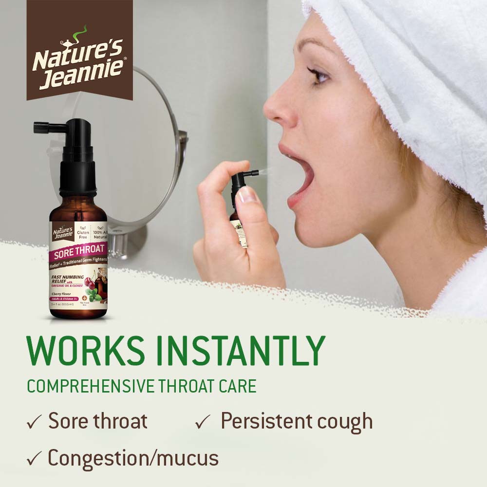 Female spraying her throat with Nature&#39;s Jeannie Sore Throat Spray,  bottle image shown close up, and comprehensive benefits listed promoting a fast working effect.