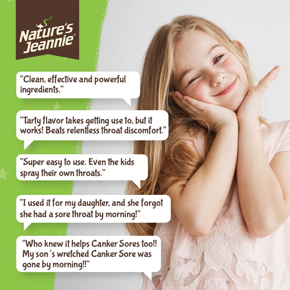A happy content playful little girl with no throat discomfort, followed by 5 consumer reviews sharing how clean, effective and powerful this spray is.