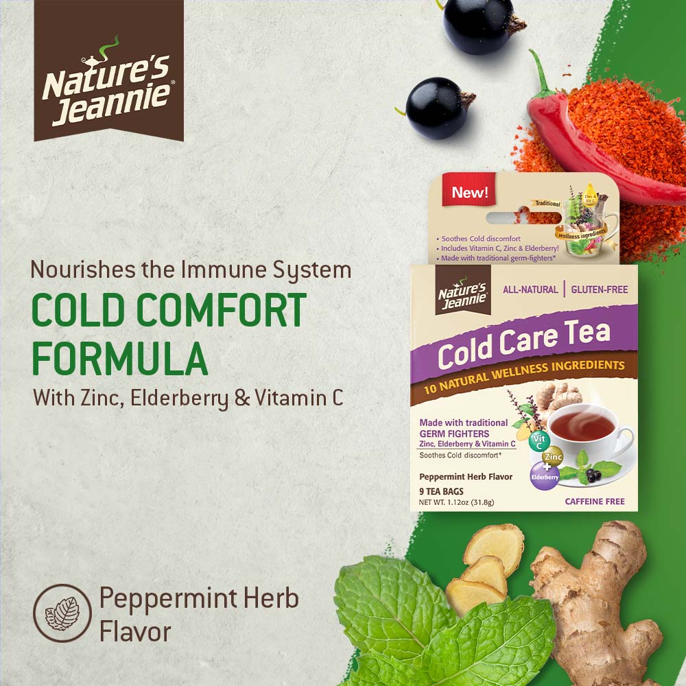 Nature&#39;s Jeannie Cold Care Tea product image with main benefits called out: Nourishes the Immune System, with Zinc, Elderberry &amp; Vitamin C. Peppermint Herb flavor. Images of raw ingredients used in the tea from Ginger, Peppermint, Cayenne and Elderberry.
