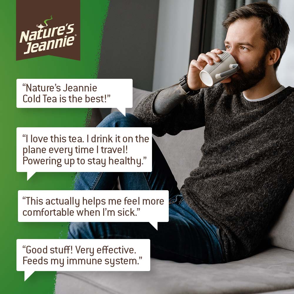 Feeling good, male sipping a cup of Nature&#39;s Jeannie Cold Care Tea feeling soothed. Followed by 4 customer reviews sharing &quot;very effective&quot; and &quot;feeds my immune system.&quot;