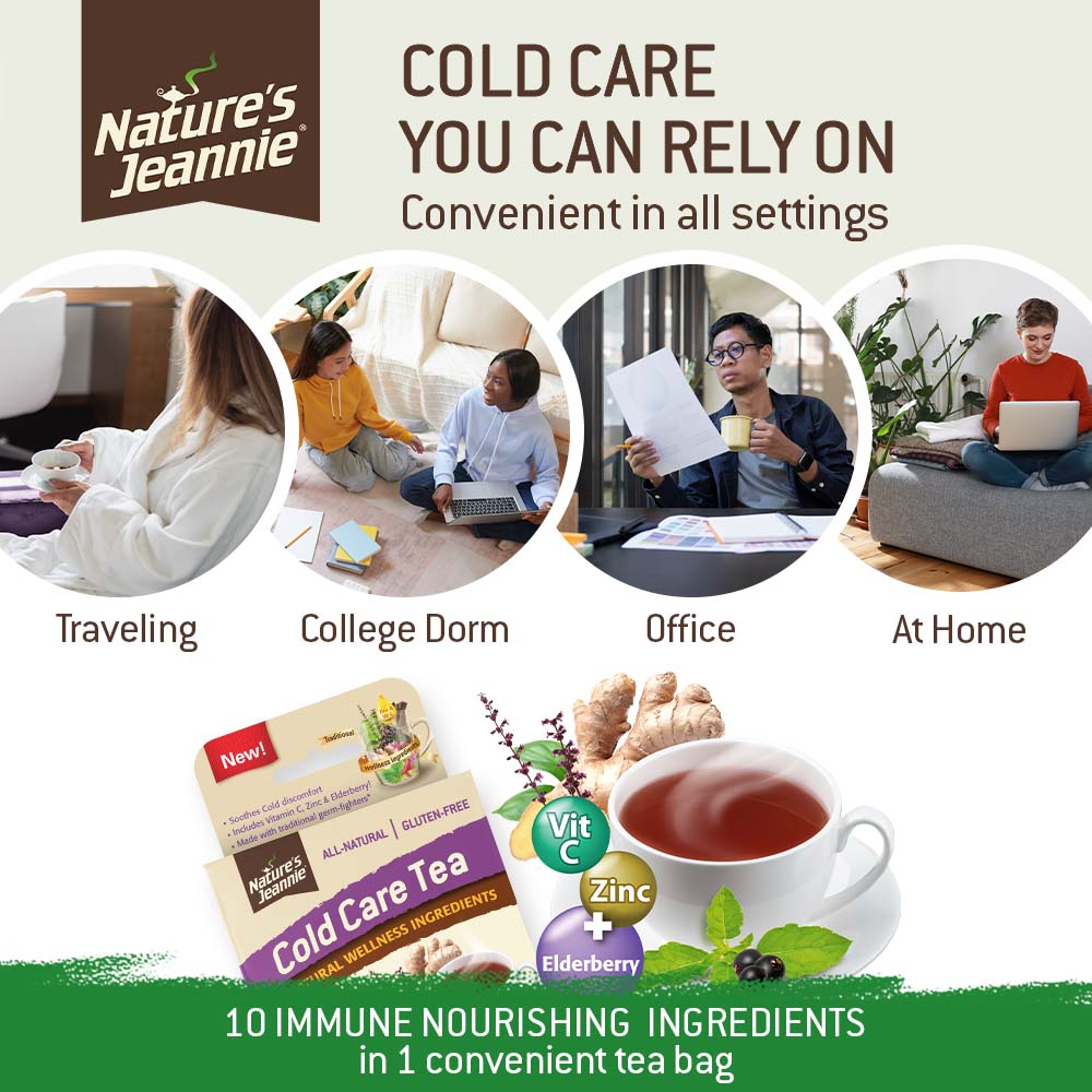 4 images shown to convey the convenience of Nature&#39;s Jeannie Cold Care Tea. Shows woman traveling, students in a college dorm, male working in office, female working at home. Image of a steaming cup of Nature&#39;s Jeannie Cold Care Tea with critical ingredients called out: Vitamin C, Zinc, Elderberry.