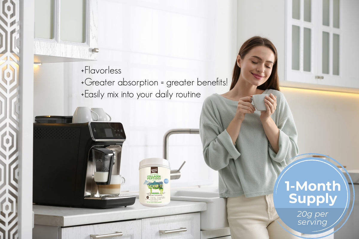 Female enjoying her Nature&#39;s Jeannie Collagen in her morning cup of coffee in her kitchen. 1-month supply called out for the 22 oz size.