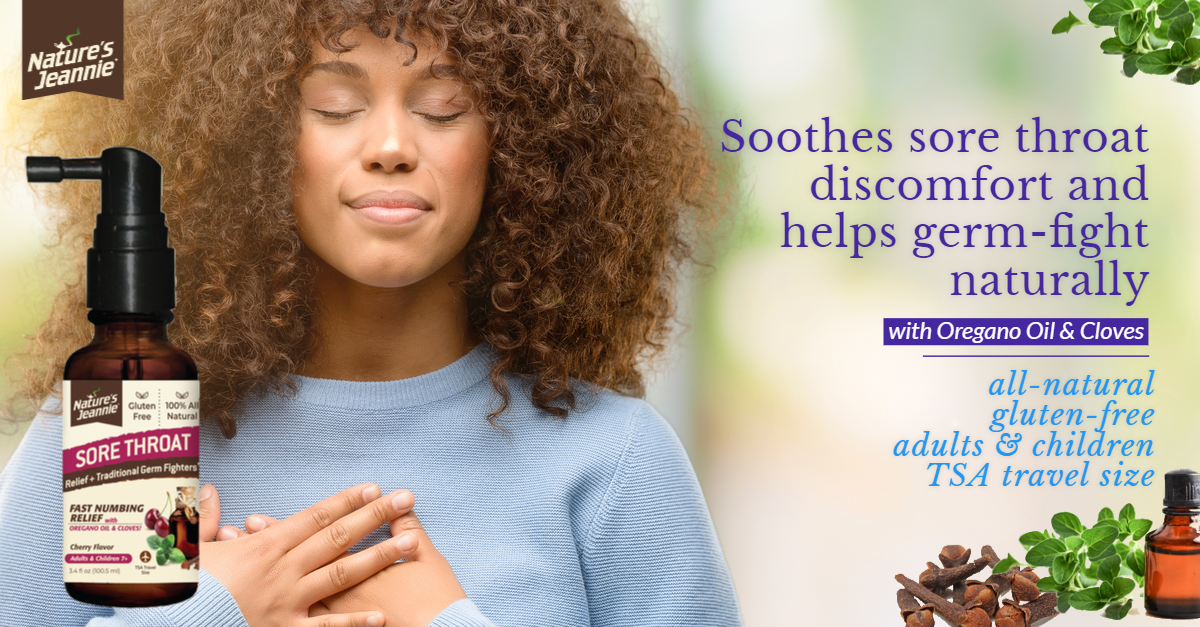 Feeling soothed and content features raw ingredients of Nature&#39;s Jeannie Sore Throat Spray, spray bottle, product benefits, and key product ingredients. For Adults &amp; Children!