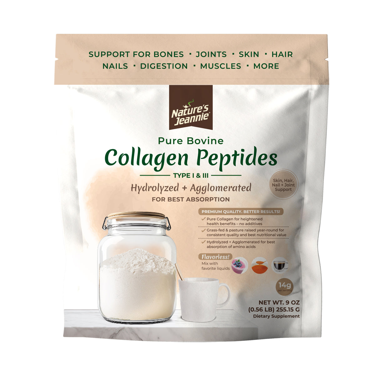 Nature&#39;s Jeannie® Hydrolyzed &amp; Agglomerated Bovine Collagen Peptides Types I &amp; III, 9 oz