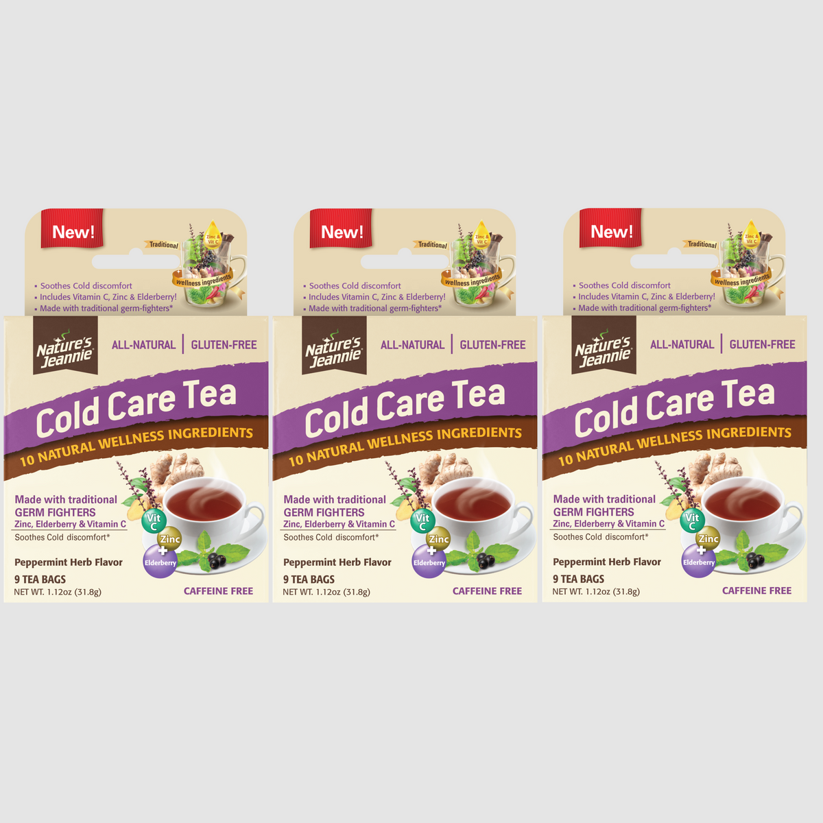 Nature&#39;s Jeannie Cold Care Tea product image, three 6-counts side by side.