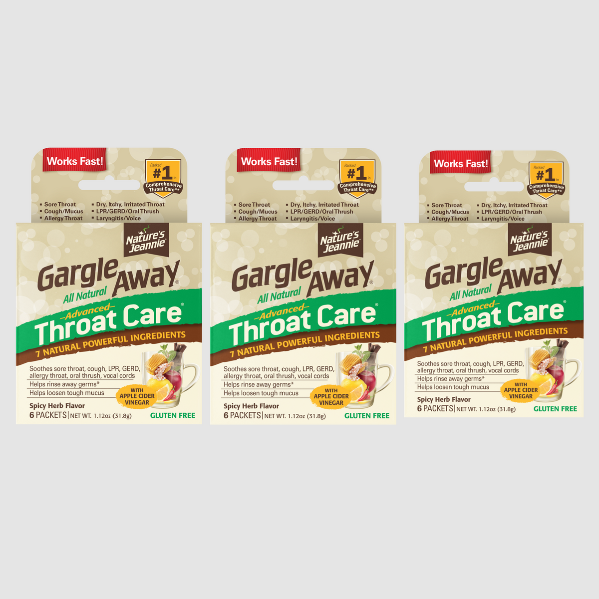 Gargle Away Throat Care packaging - three 6-CT packages side by side.
