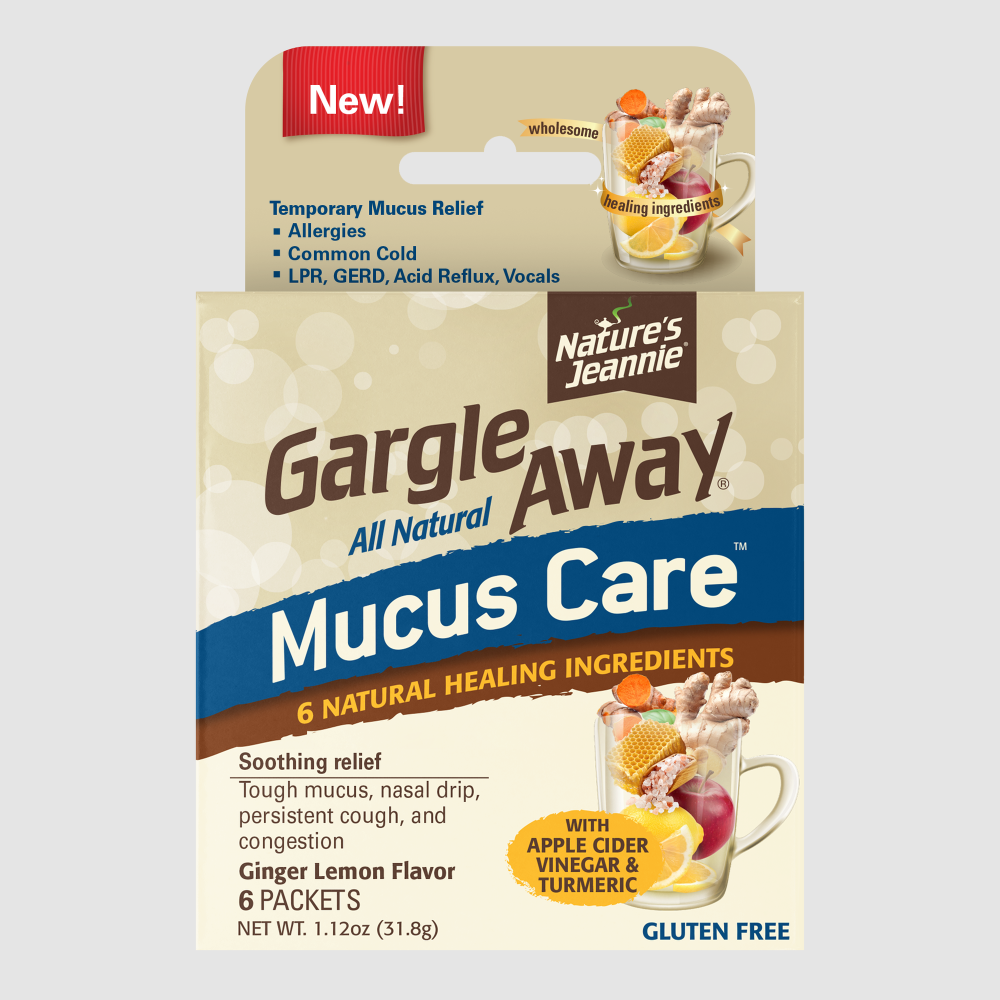 Product package image of Gargle Away Mucus Care, shows product claims on pack close-up: Soothing relief of tough mucus, nasal drip, persistent cough, and congestion.