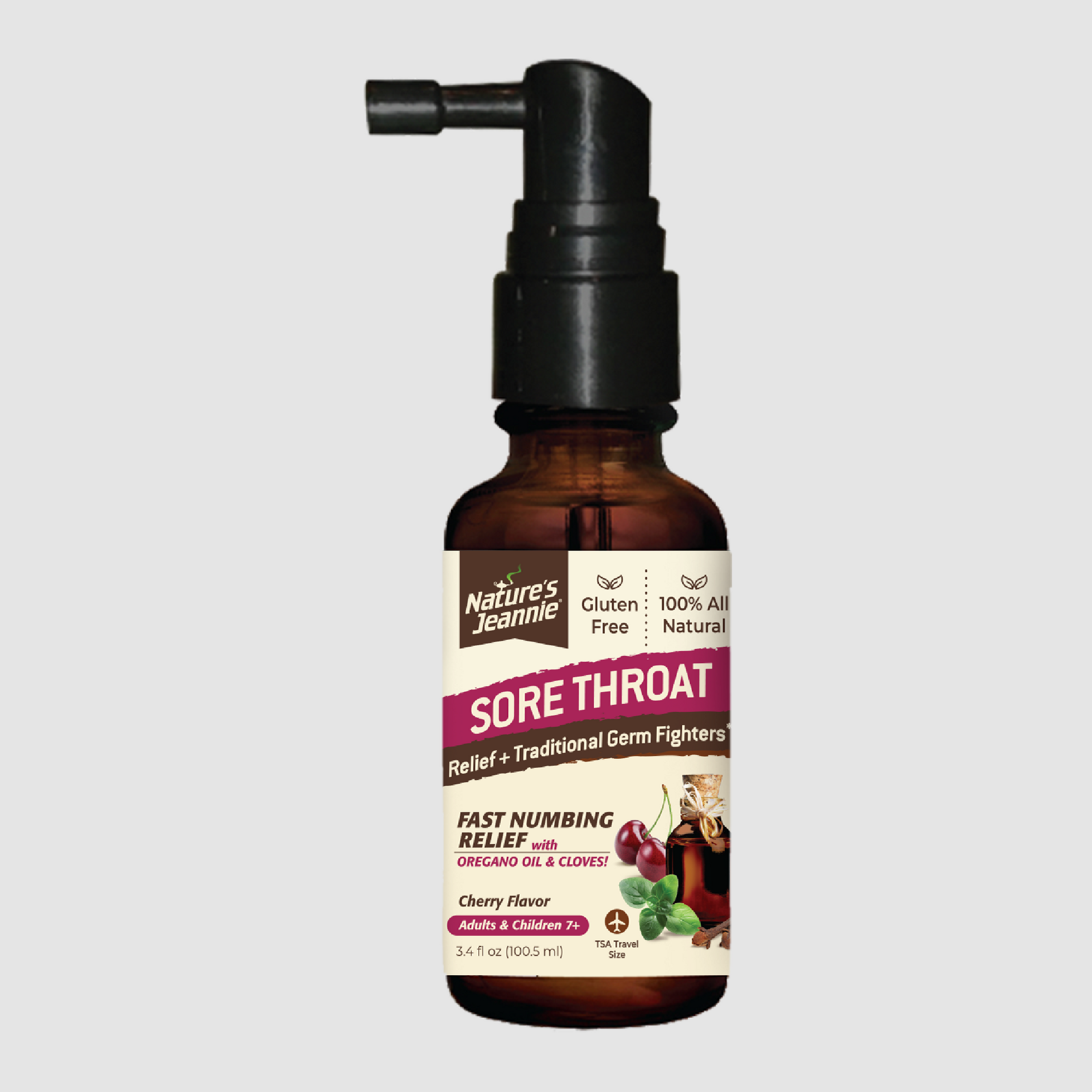 Nature's Jeannie Sore Throat Relief Spray bottle, TSA travel size