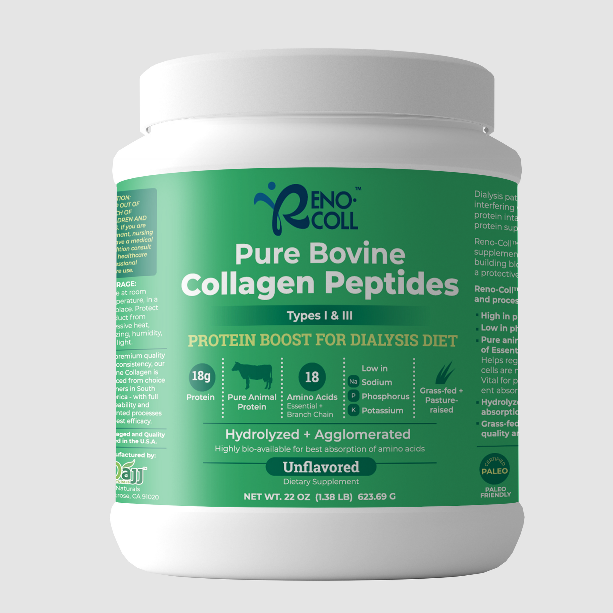 Reno-Coll 22 oz Pure Bovine Collagen Peptides product cannister.