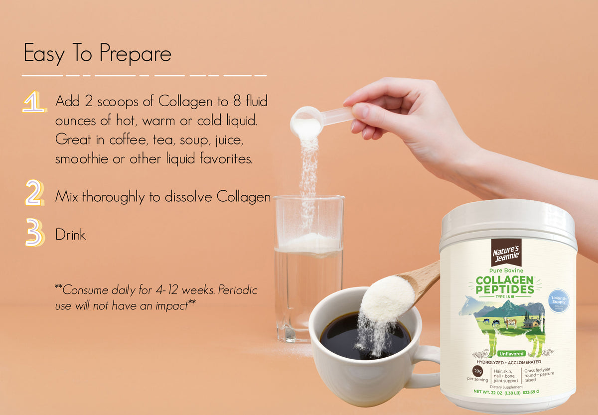 Directions on how to prepare Nature&#39;s Jeannie Collagen. 3 easy steps, 2 scoops to warm liquid, mix thoroughly to dissolve, and drink. Shows a few images of Collagen scoops being added to room-temp water, and hot coffee, along with product image. 
