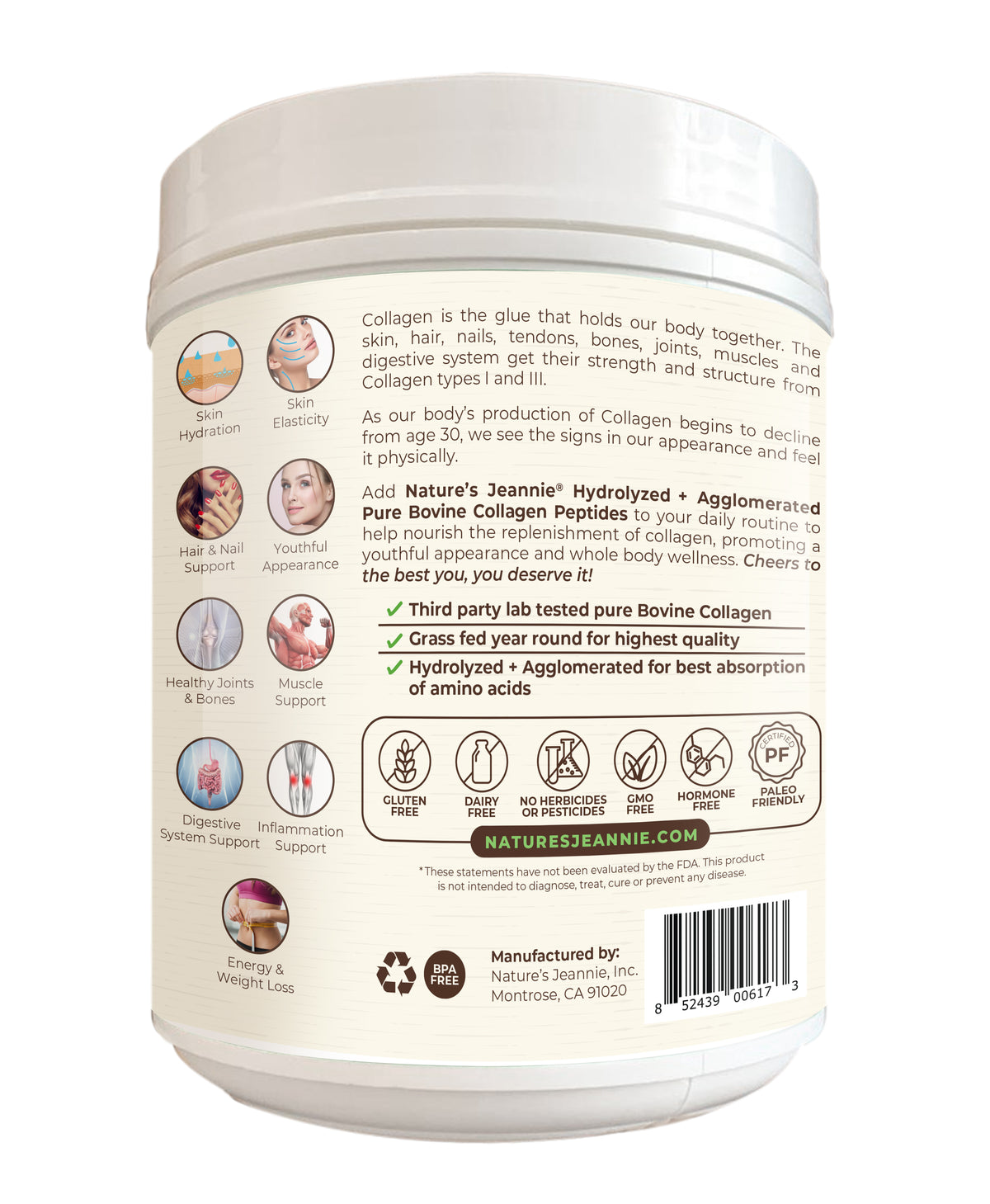Nature&#39;s Jeannie 22 oz Collagen product, back label, displaying product benefits.