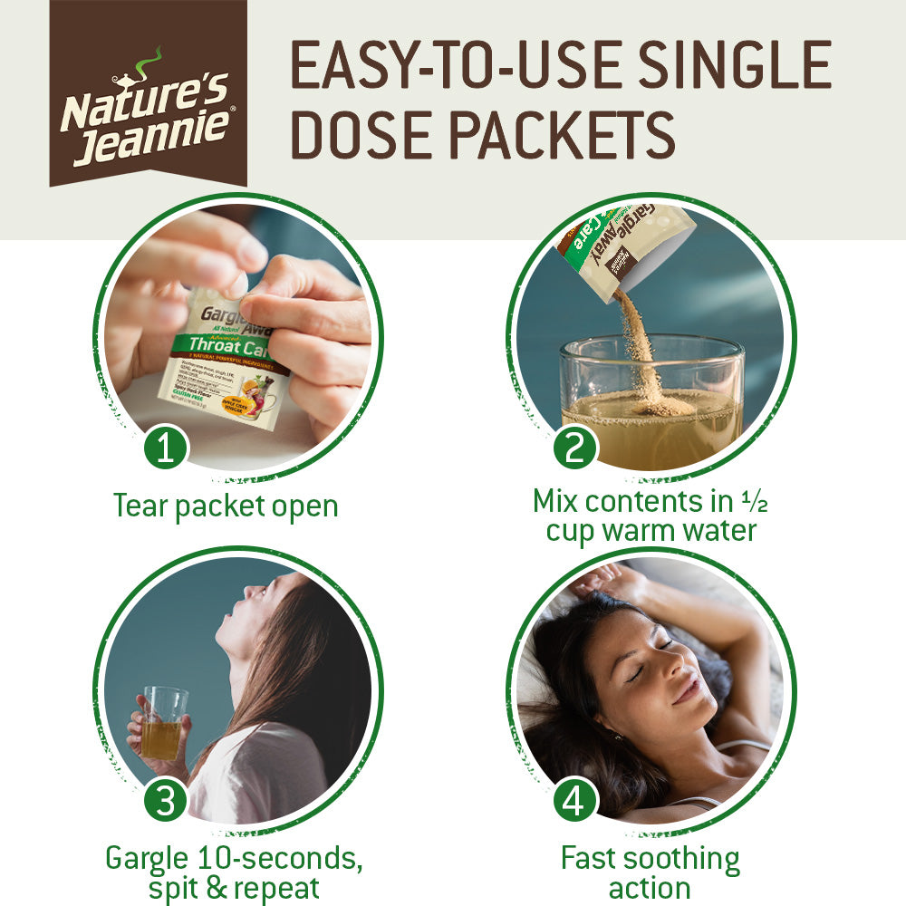 A 4-step visual of how easy to prepare the single-dose Gargle Away Throat Care packets are. Images show 1. Tearing open package 2. Mixing contents with warm water 3. Woman Gargling 4. Fast Soothing Action shows female enjoying her sleep.