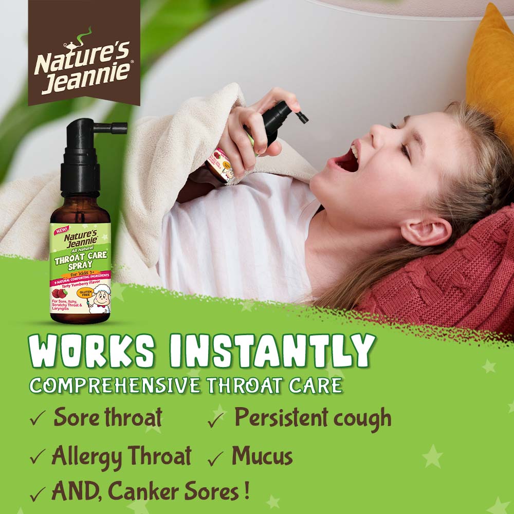 Image of child spraying her throat in bed, to convey ease and on-demand support; image of spray bottle displayed and comprehensive benefits listed-including Canker Sore soothing and germ-fighting!