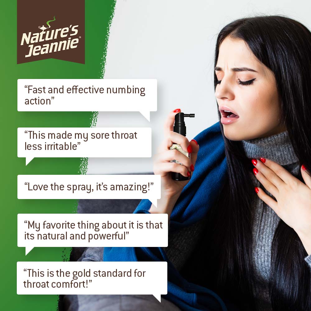 Female spraying her throat with Nature&#39;s Jeannie Sore Throat Relief Spray. Followed by 5 customer reviews sharing how powerful and amazing this spray is for sore throat.