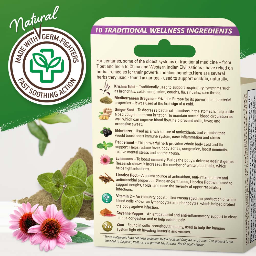 Nature&#39;s Jeannie Cold Care Tea back of package, lists 10 Natural Powerful Ingredients and how each ingredient helps soothe/support cold and flu discomfort.