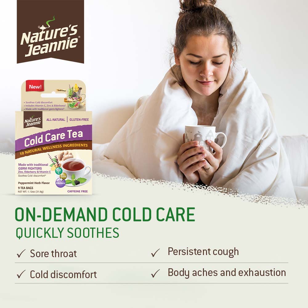 Female bundled up in bed cradling/drinking her Nature&#39;s Jeannie Cold Care Tea feeling soothed. Product benefits listed promoting on-demand cold/flu care.