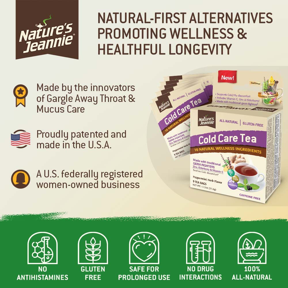 Nature&#39;s Jeannie Cold Care Tea package shown, and brand mission: &quot;Natural-first alternatives to promote wellness &amp; healthful longevity.&quot; Brand and product strengths listed; original innovators, patented products, made in the U.S.A., a U.S. federally registered women-owned business, wholesome products 100% all-natural, gluten free, safe for prolonged use, no drug interactions, no antihistamines.