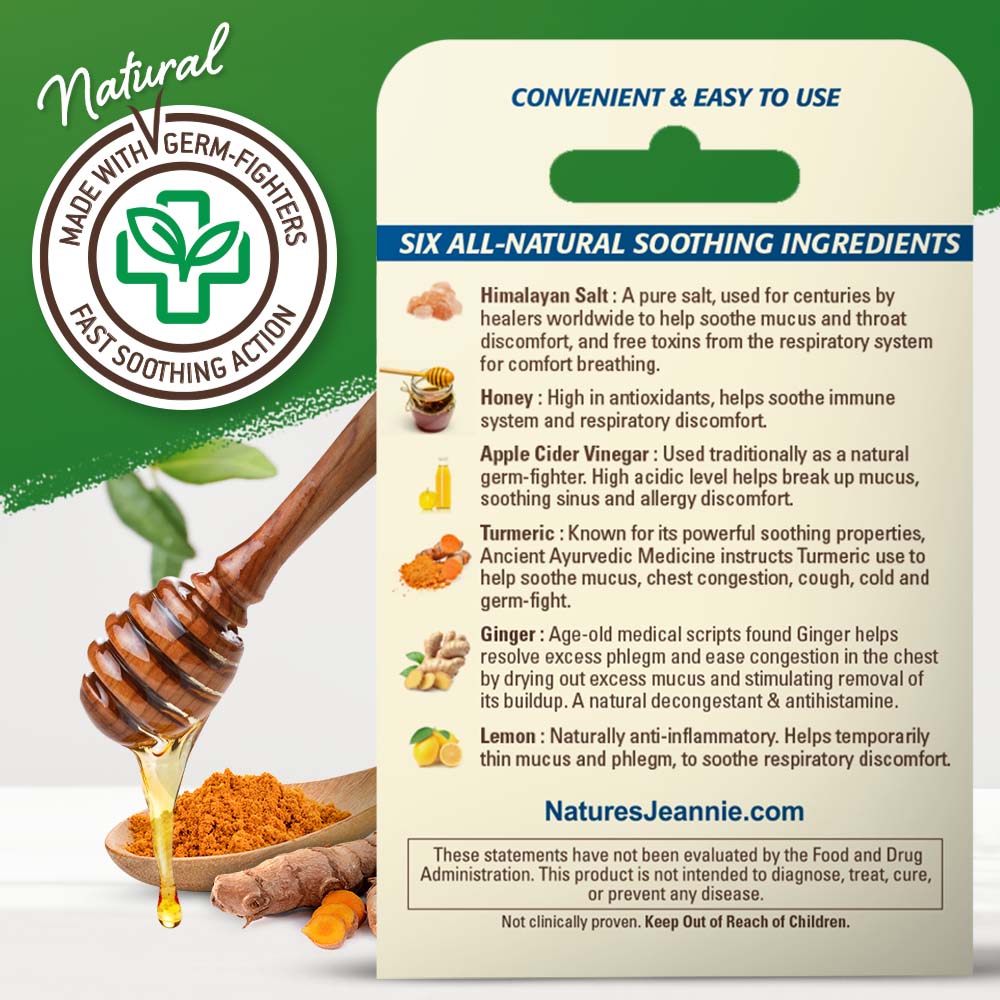 Back of product package shown which lists the 6 ingredients found in this formula, along with a detailed description of how each ingredient helps support Mucus relief. Includes FDA,  Not Clinincally Proven, and Keep Out of Reach of Children statements.