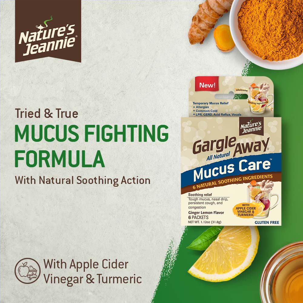 Product image with product claim that this is a tried-and-true mucus fighting formula with natural soothing action. Attention to the natural ingredients found in this Mucus Care product. Image of raw ingredients turmeric, lemon and honey shown, along with reminder that it includes Apple Cider Vinegar.