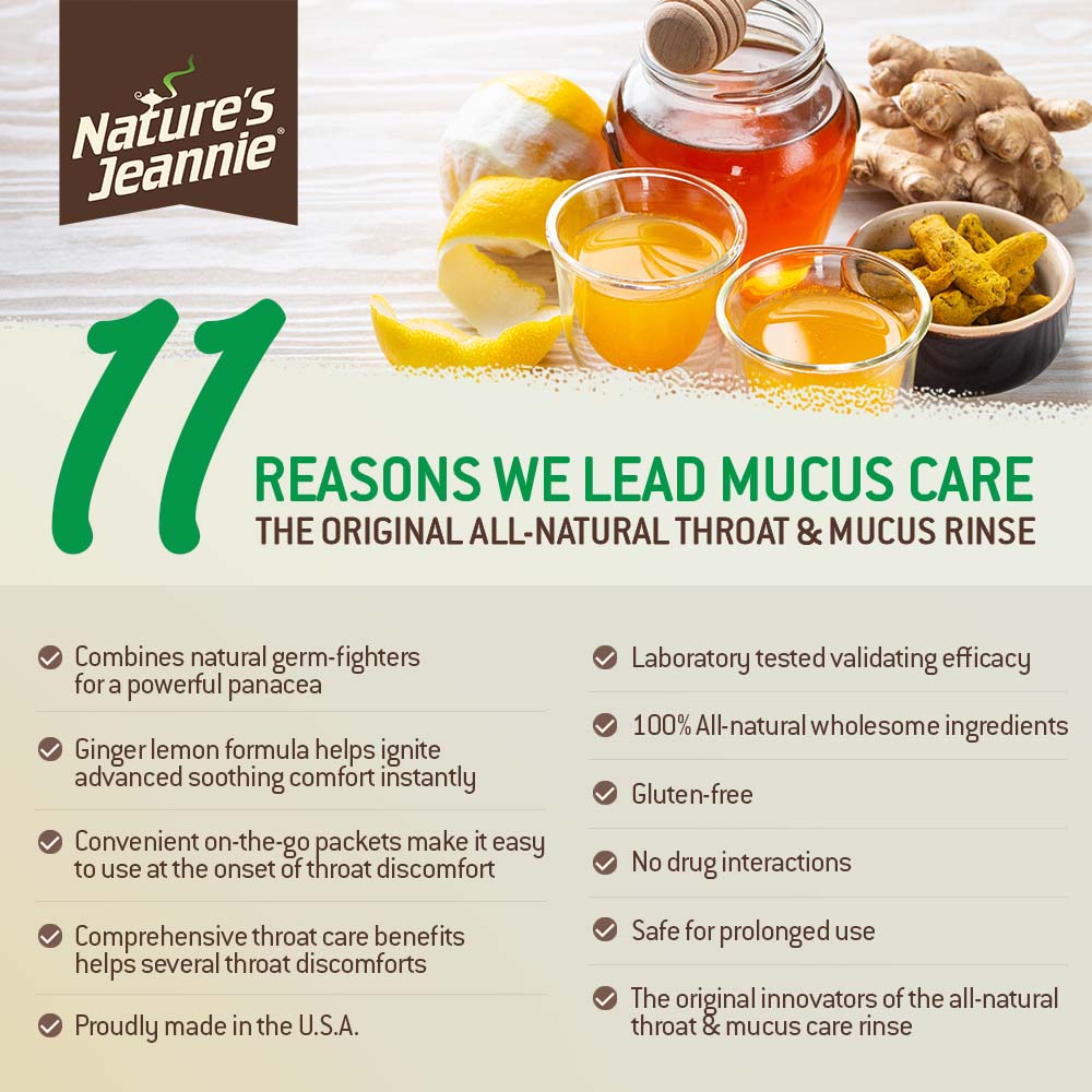 A list 11 Reasons why Gargle Away Mucus Care leads in Mucus Care relief and support. Background image displays natural ingredients used in our Mucus Care, Honey, Turmeric, Ginger, Lemon.