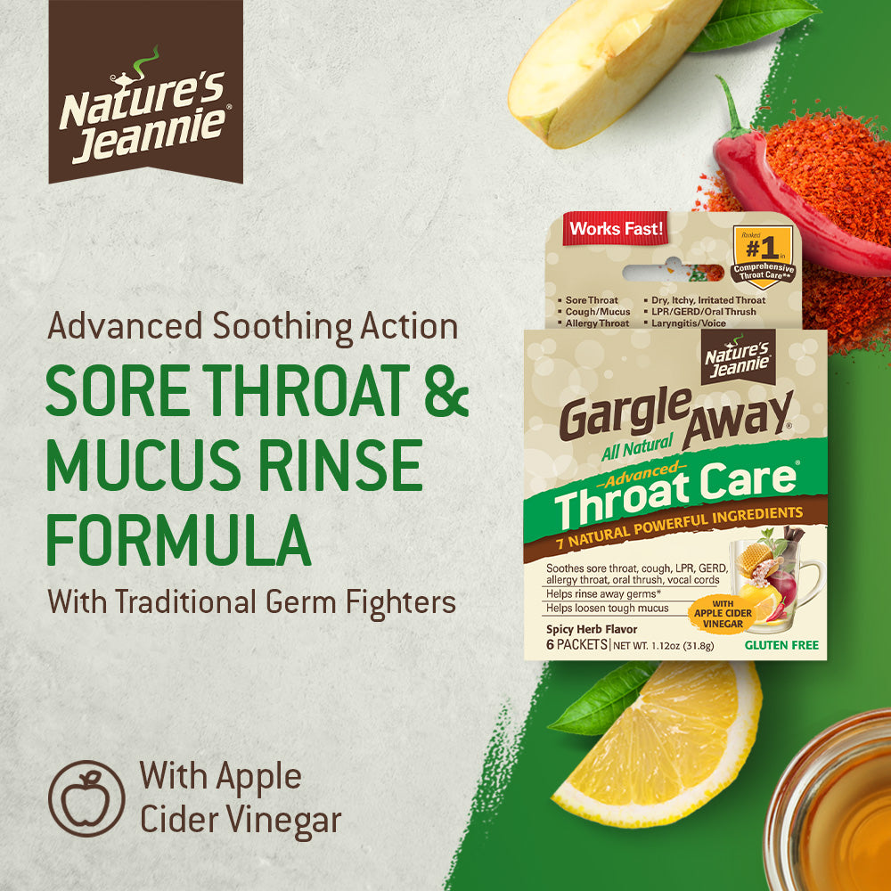 Gargle Away Throat Care product image with main product claims: tried-and-true throat &amp; mucus rinse formula with traditional germ-fighters. Images of some natural ingredients used in this rinse, turmeric, lemon and honey, and reminder it includes Apple Cider Vinegar.