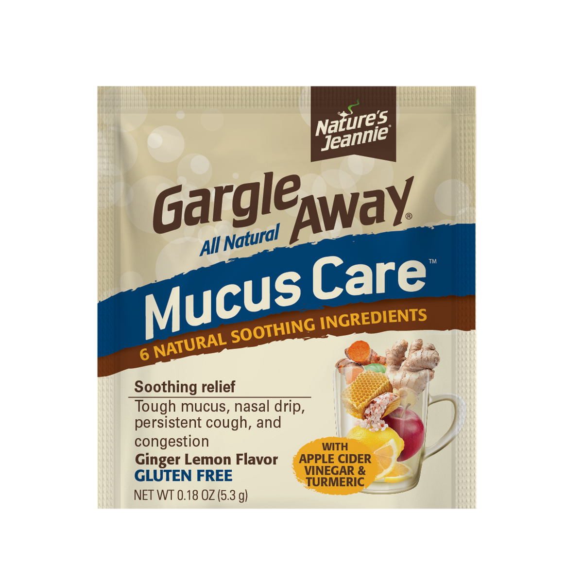 Close up image of the Gargle Away Mucus Care single-dose packet.