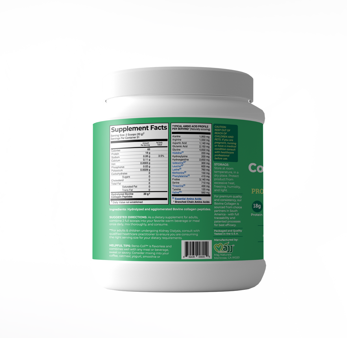Reno-Coll Collagen product label showing Supplement Facts and Amino Acid table.