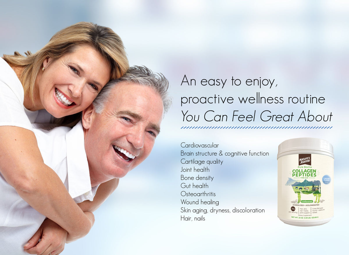 Mature couple laughing content and healthy, female grabbing onto male&#39;s back playfully. Promotes the comprehensive benefits of Nature&#39;s Jeannie Collagen and how it can be a great proactive wellness routine you can feel great about.
