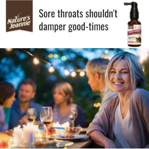 Female outdoors with friends and family around a picnic table enjoying herself with the caption &quot;Sore throats shouldn&#39;t put a damper on good-times&quot; and image of throat spray bottle.